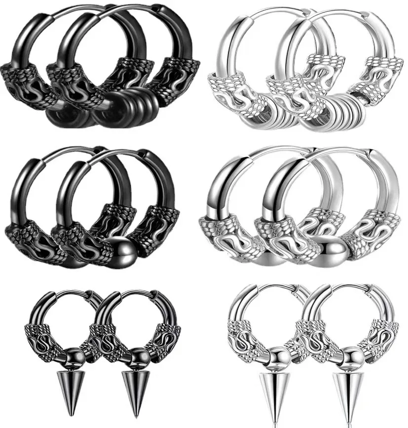 

Dropshipping Stainless Steel Dragon Pattern Totem Ear Clip Trendy Unique Men's Titanium Clips hoop rings