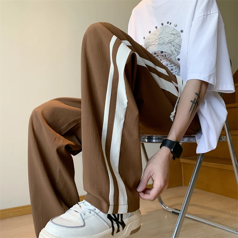 

2023 New Men's Pants Comfortable Spliced Striped Loose Pants Breathable Comfortable Straight Leg Casual Crop Pants