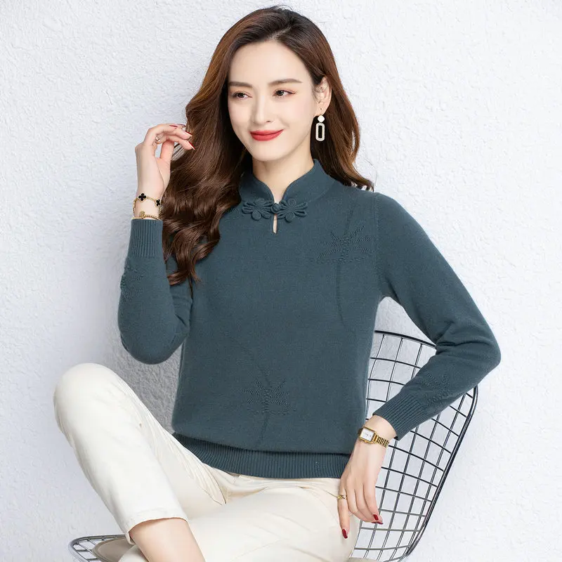 Oriental Style Women Retro Wool Pullover Sweaters Red Green Camel Black Mandarin Button Design Suitable Knitted Tops Jersey 2022