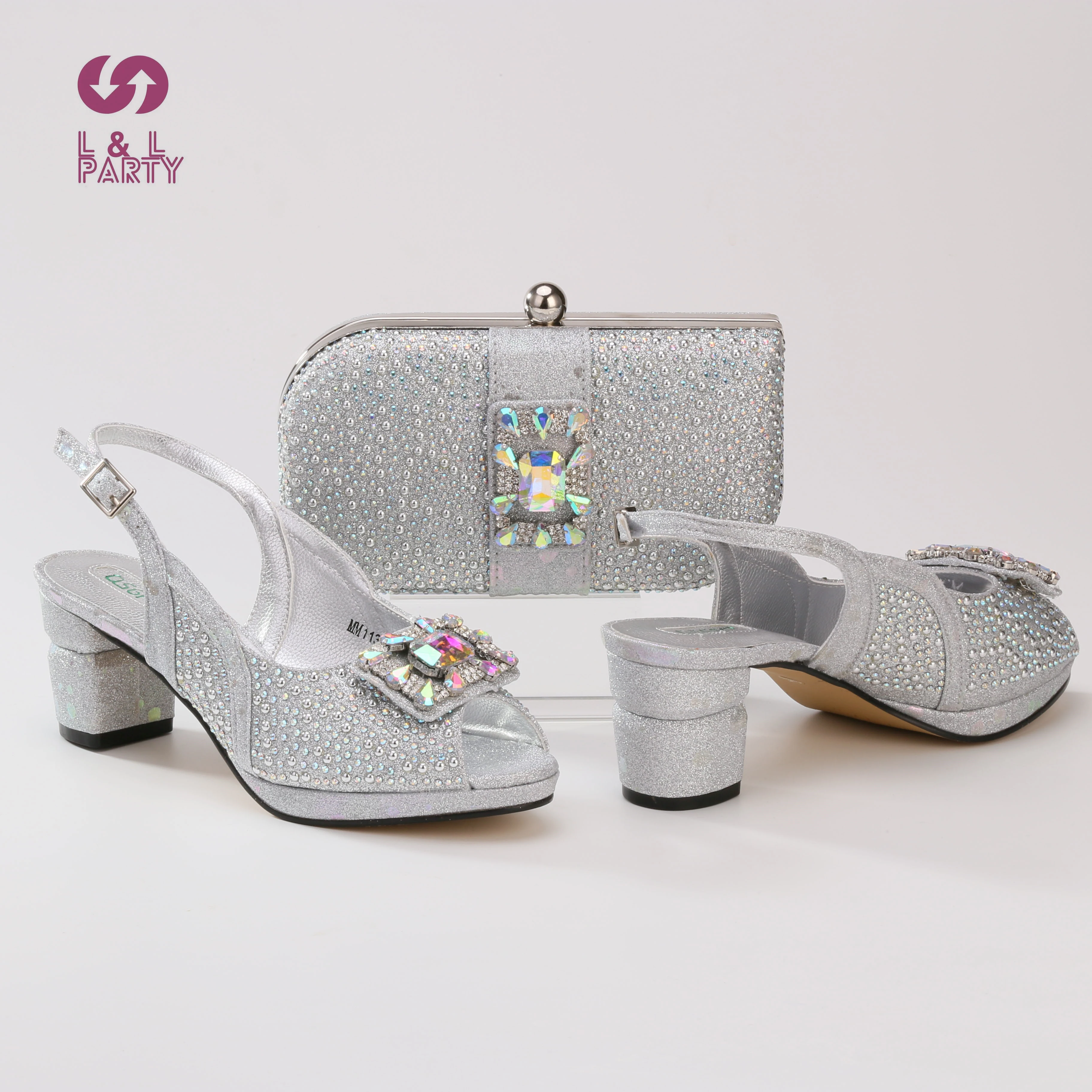 

New Fashionable African Special Silver Color Shoes and Bag Set Decorate Platform Design For Ladies Evening Party