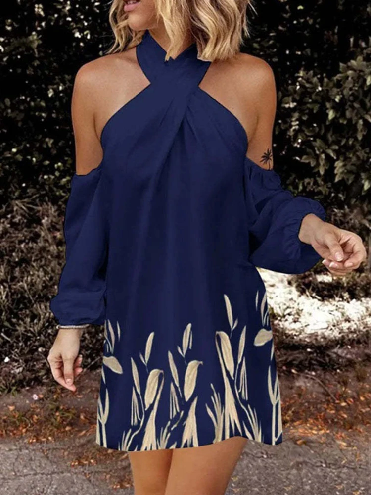 

Элегантное мини-платье с длинным рукавом и принтом, женское сексуальное вечернее платье с перекрестными лямками через шею и открытыми плеч...