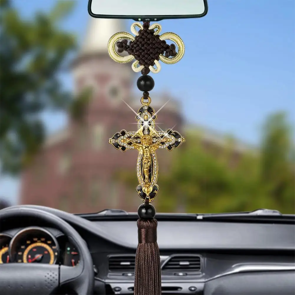 

Car Pendant Metal Diamond Cross Christian Religious Mirror Car Hanging Styling Rearview Ornaments Accessories Auto Car N3X3