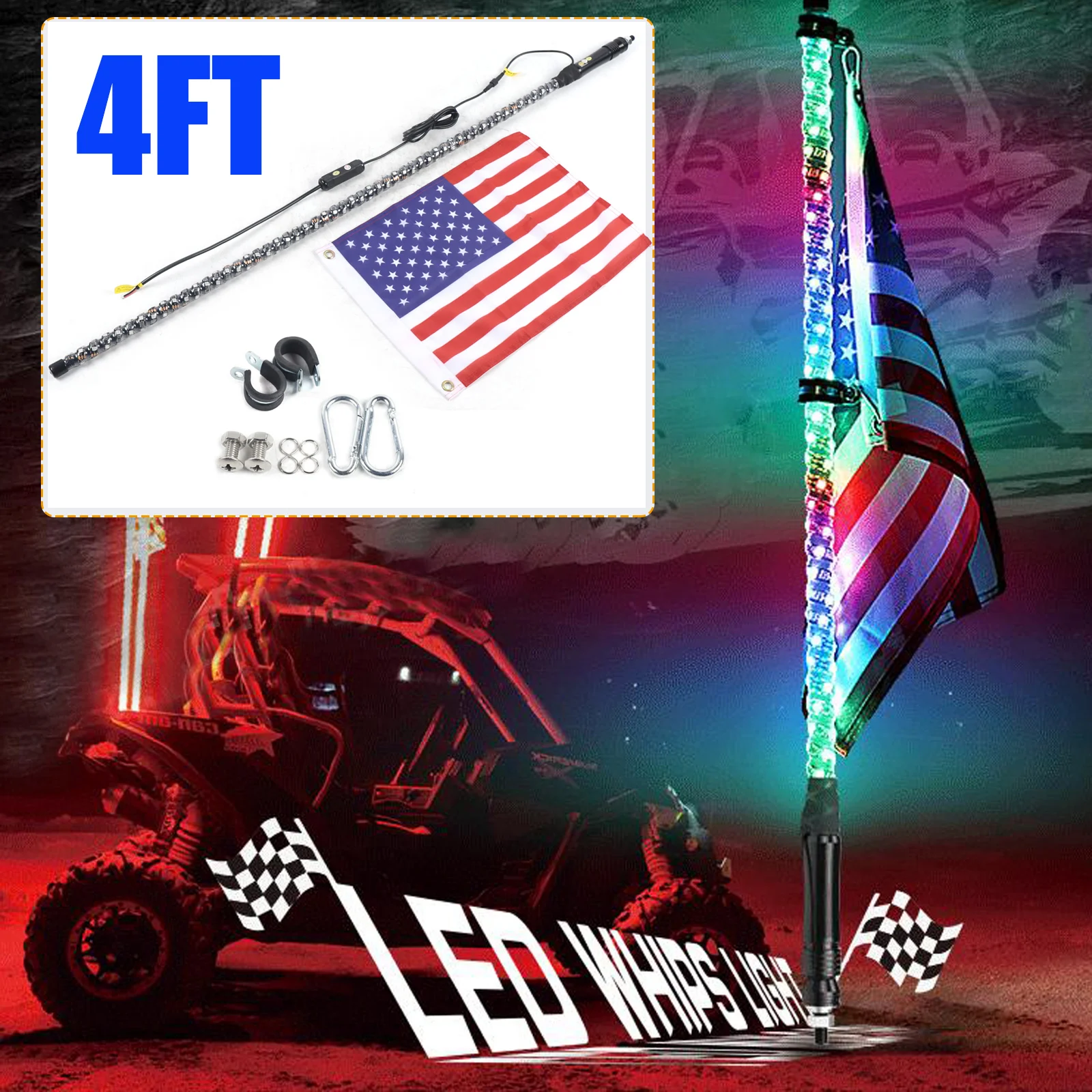 

4ft RGB LED Whip Light Chasing Antena Polaris Remote &Flag For ATV RZR UTV Buggy Waterproof APP Remote Control
