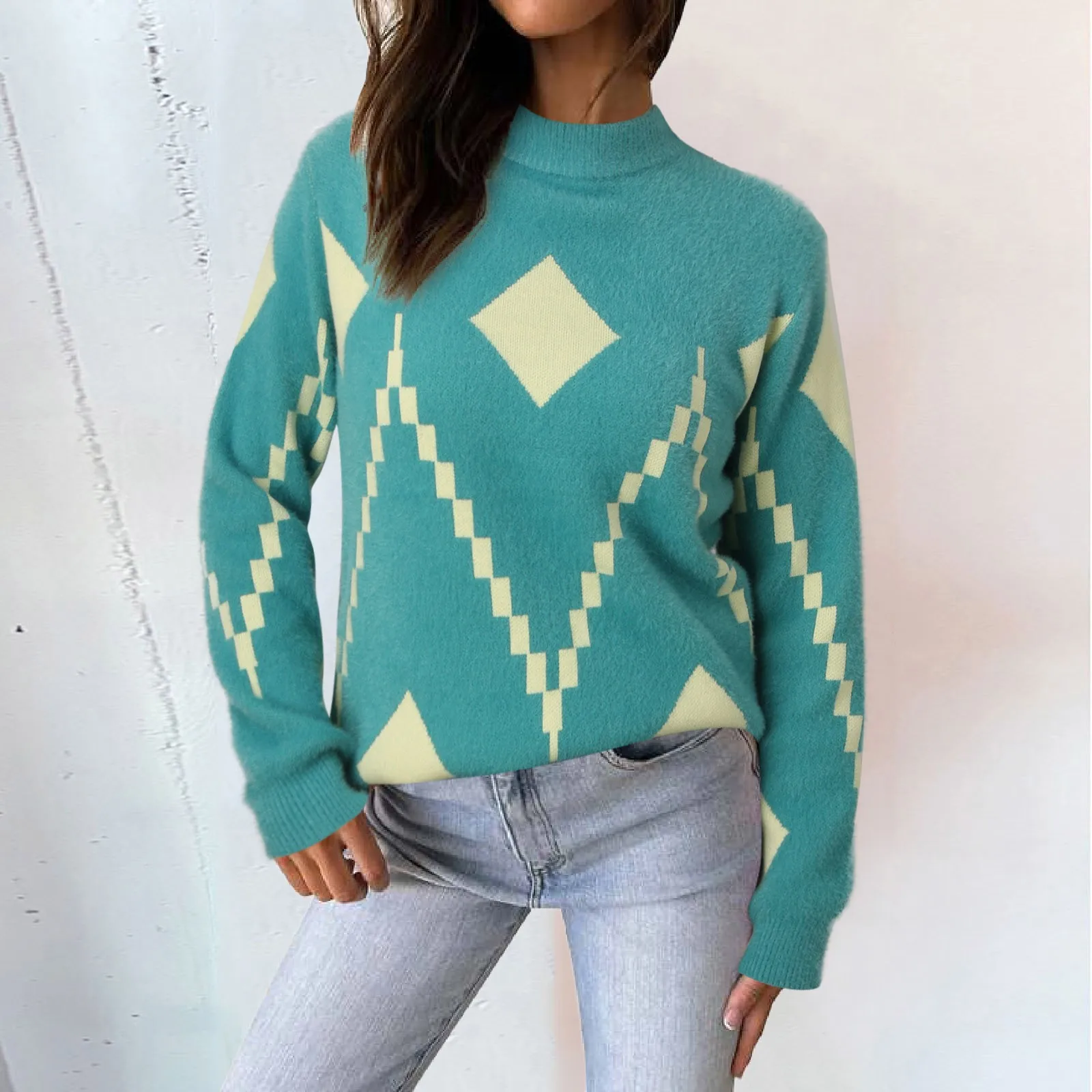 

Diamond Check Blue White Patchwork Knitted Sweater 2023 Women Fall Winter Korean New Long Sleeve Round Neck Loose Pullover Tops