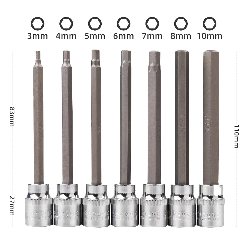 7pcs/set 110mm Extra Long Hex Socket Adapter Bit Set H4 H5 H6 H7 H8 H10 Impact Driver Socket Wrench Drill Bit Adapter Tools