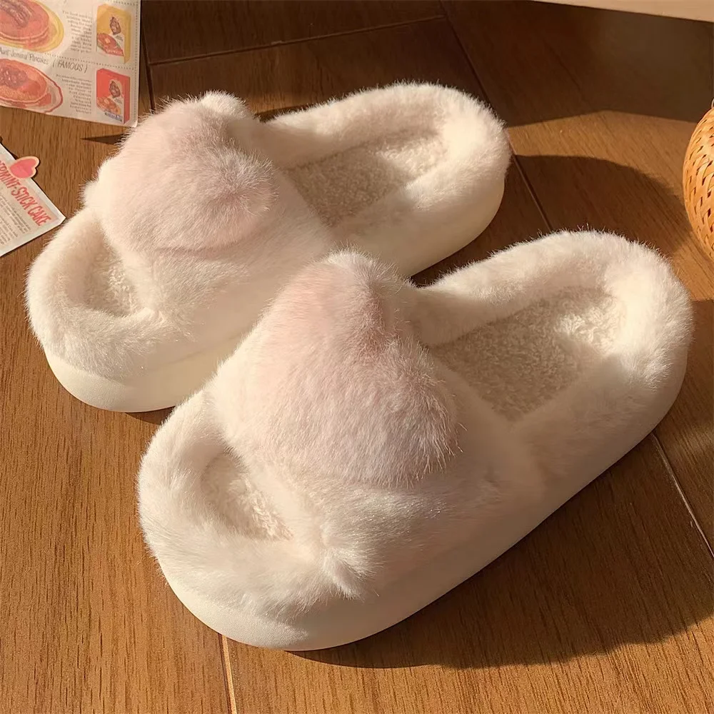 SENDNAKAI Heart Love Fluffy Fur Slippers Women Warm Open Toe Plush Memory Foam Slide Slippers Home 2023 Winter Indoor Shoes
