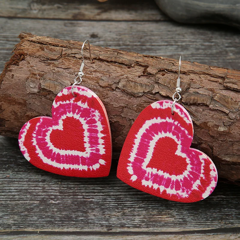 

New Valentine's Day Heart-shaped Leather Earrings Creative Peach Heart Pink Tie-dye Double-sided Pu Earrings for Women Wholesale