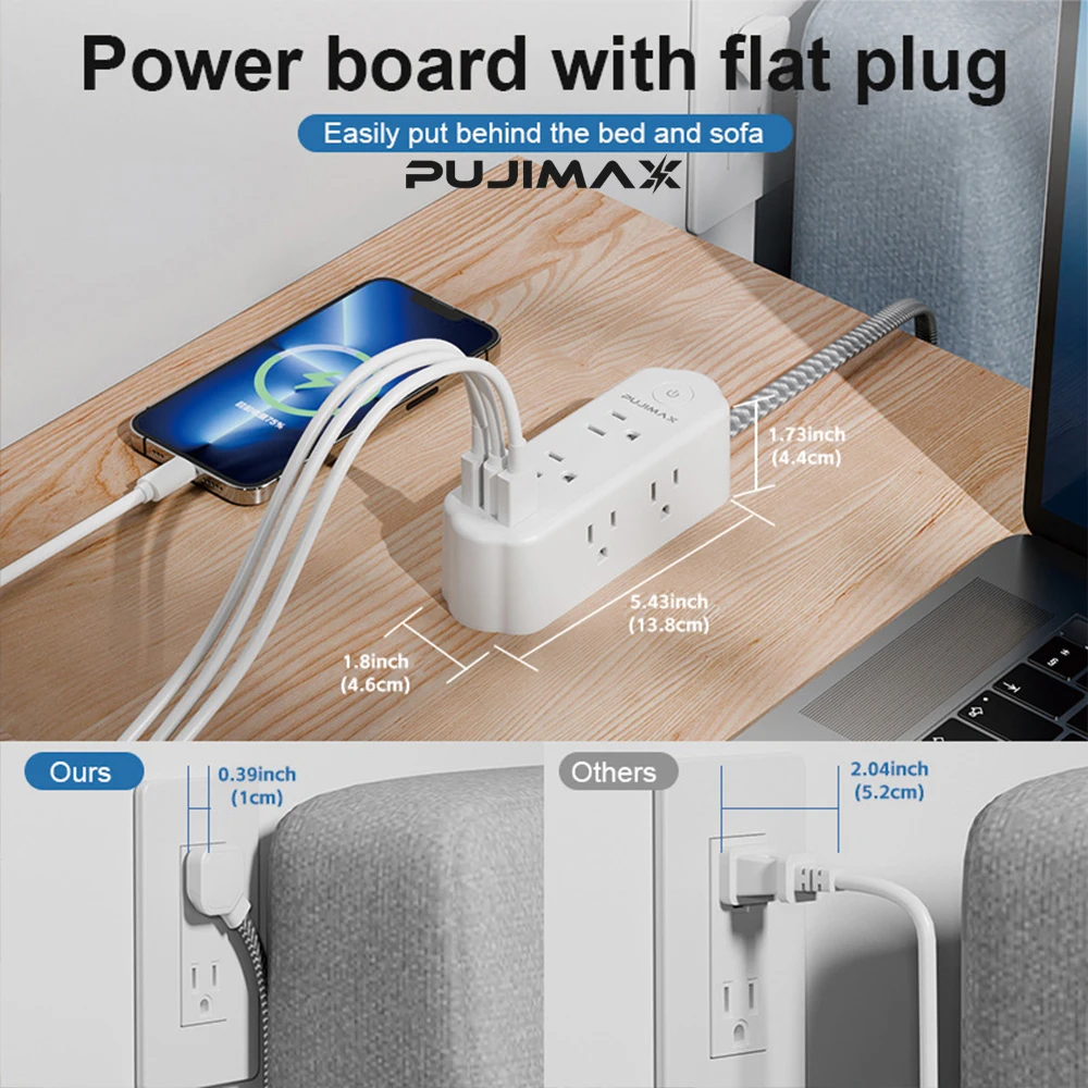 Фото Удлинитель PUJIMAX с 6 розетками US, 2 USB и 1 портом Type-C, кабель 1.5 м, защита от перенапряжения и перегрузки, 6 универсальных электрических розеток №3