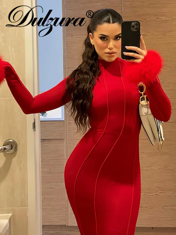 

Dulzura/осеннее платье с перьями и рюшами, пикантная одежда Y2K, с длинным рукавом и открытой спиной, облегающее Макси платье для женщин, 2022, наряд...