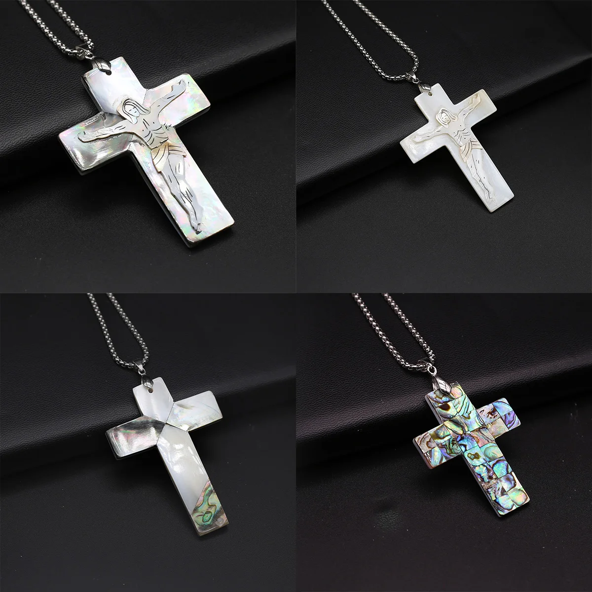 

Natural Abalone Shell Metal Chain Pendant Cross Shape Religious Protection White Black Mother Of Pearl Exquisite Jewelry