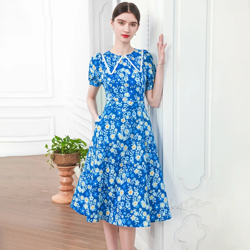 High end floral dress women's summer new French doll neck temperament pure cotton umbrella skirt