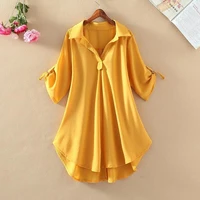 2022 summer new fashion solid basics loose chiffon blouses for women pullovers polo neck short sleeve casual commuter shirts