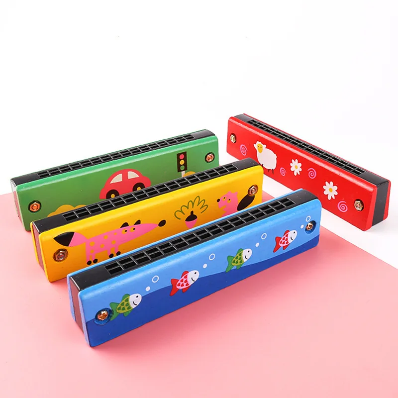 

16 Holes Children Harmonica Wooden Double Row Blowable Harmonica Cute Cartoon Pattern Beginner Kids Musical Educational Toys