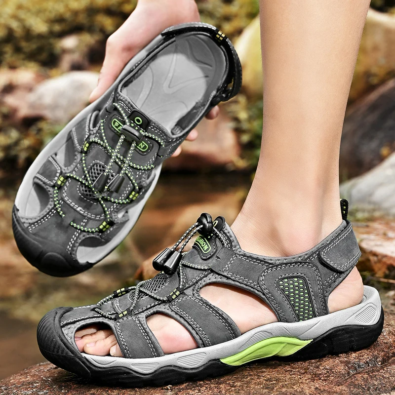 Men Sandals Genuine Leather Men Beach Shoes Summer Casual Shoes outdoor Sandals Anti-Collision Closed Toe Sandalias