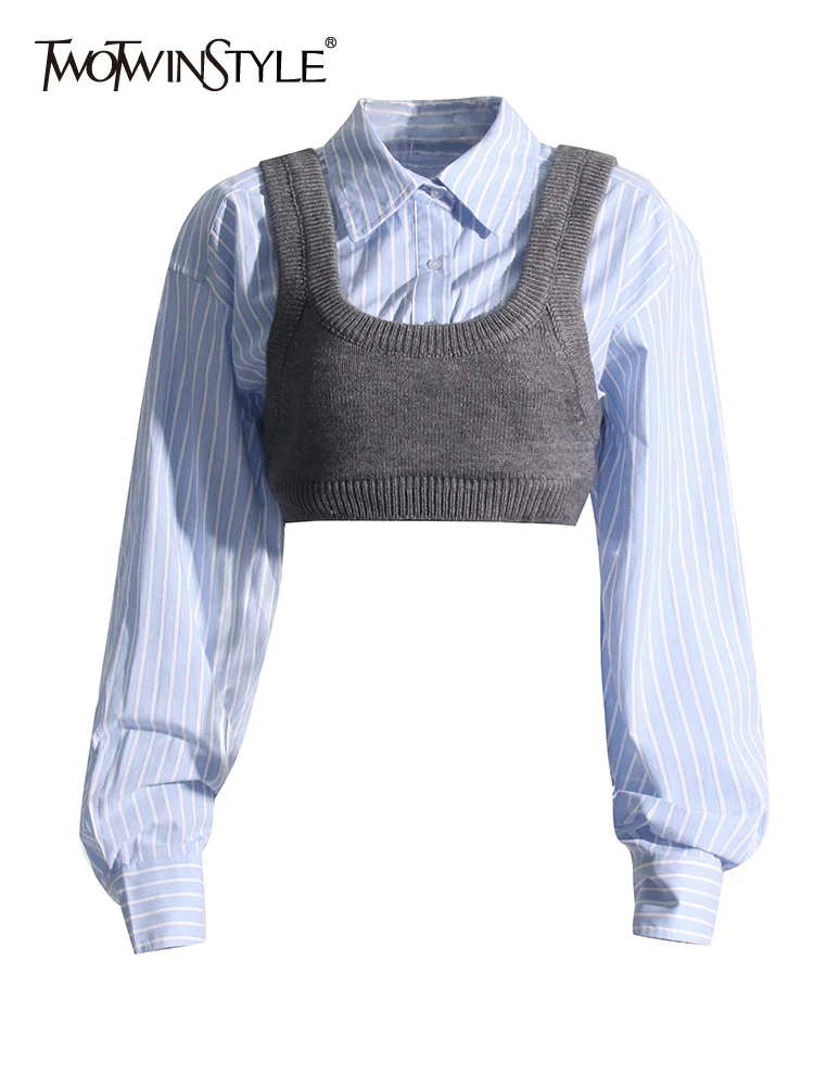 

TWOTWINSTYLE Hit Color Shirts For Women Lapel Long Sleeve Patchwork Slim Minimalist Crop Top Female Fashion Style Clothing New