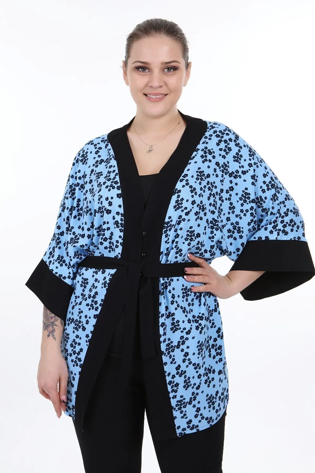

Women's Kimono Blue Front Tied And Buttoned Wide Sleeves Small Floral Kimono Fashion Dressing Gown For Women