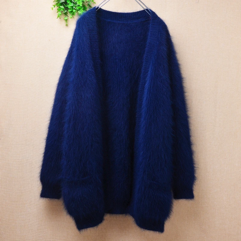 

Женский модный синий Пушистый Зимний плотный теплый норковый кашемировый вязаный кардиган с длинными рукавами Свободный кардиган из ангоры свитер куртка