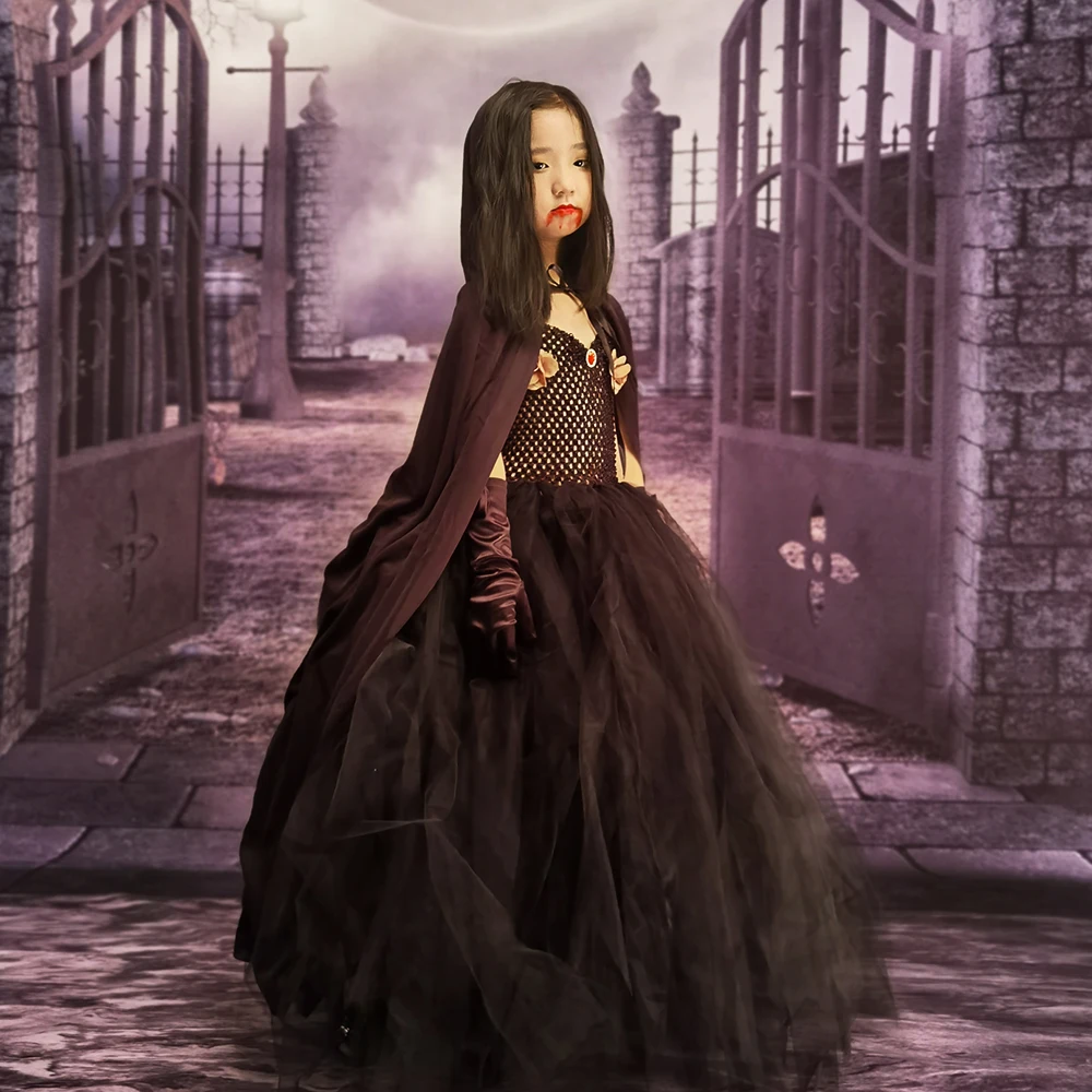 

Girls Halloween Witch Dress With Cloak Kids Scary Costumes Black Robe Tutu Dresses Masquerade Disguise Clothes Disfraz Vestidos