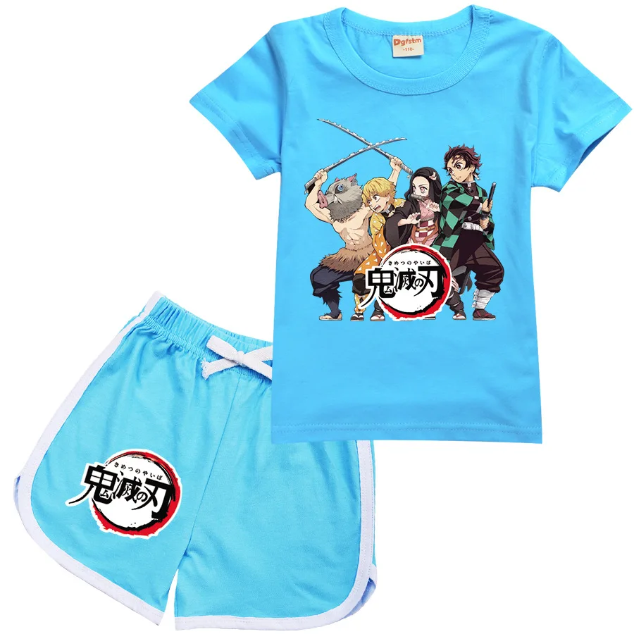 

New Summer Girls Boys Cartoon Sportswe Demon Slayer Kids Stripe T-shirt +Denim Shorts Suits Baby Clothing Comfortable Outfits