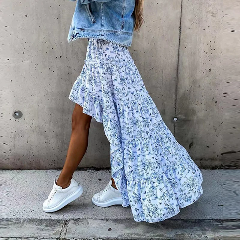 

2022 Spring Summer Floral Print Long Skirts Lady Elegant Boho Beach Party Skirts Fashion Women Ruffle Irregular Skirt Streetwear