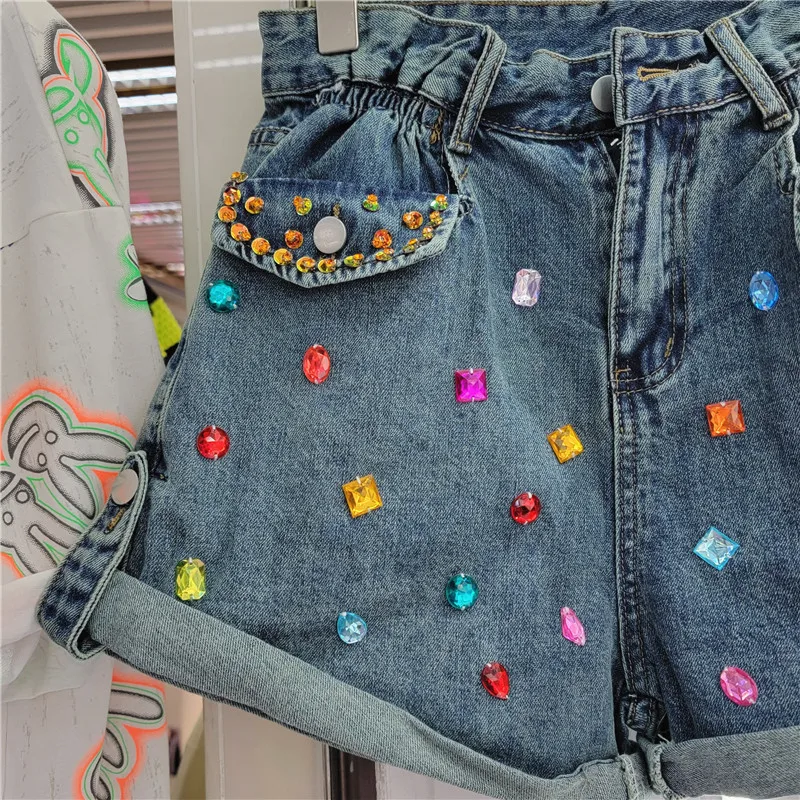Women's Summer 2023 New Women's Short Pants Exquisite Rhinestone High Waist Slimming and Wide Leg Denim Shorts for Lady