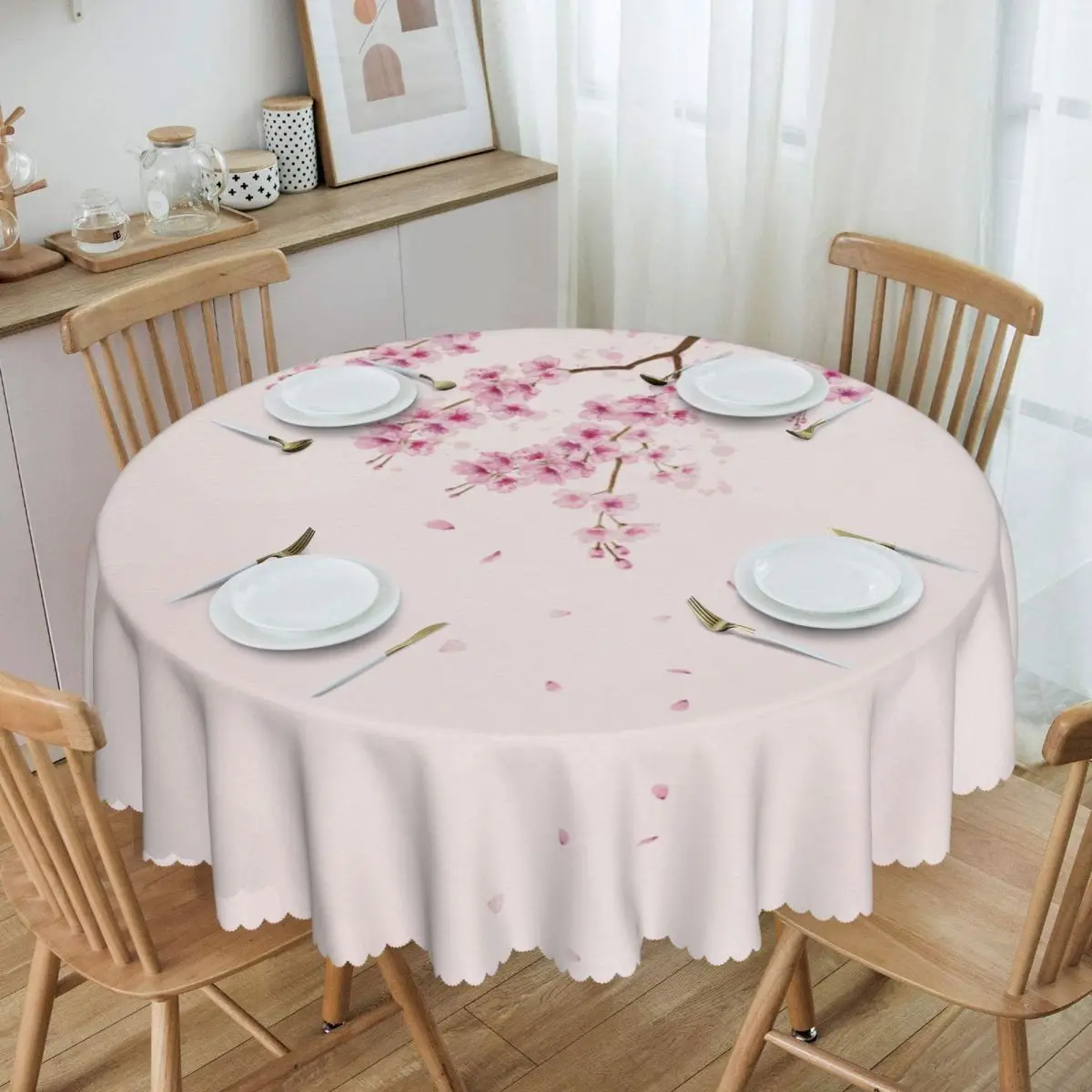 

Cherry Blossom Sakura Floral Pattern Tablecloth Round Waterproof Japanese Flowers Table Cover Cloth for Banquet 60 inch