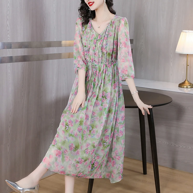 

Женская юбка из шелка тутового шелкопряда, зеленая тонкая юбка с цветочным принтом, лето 2023