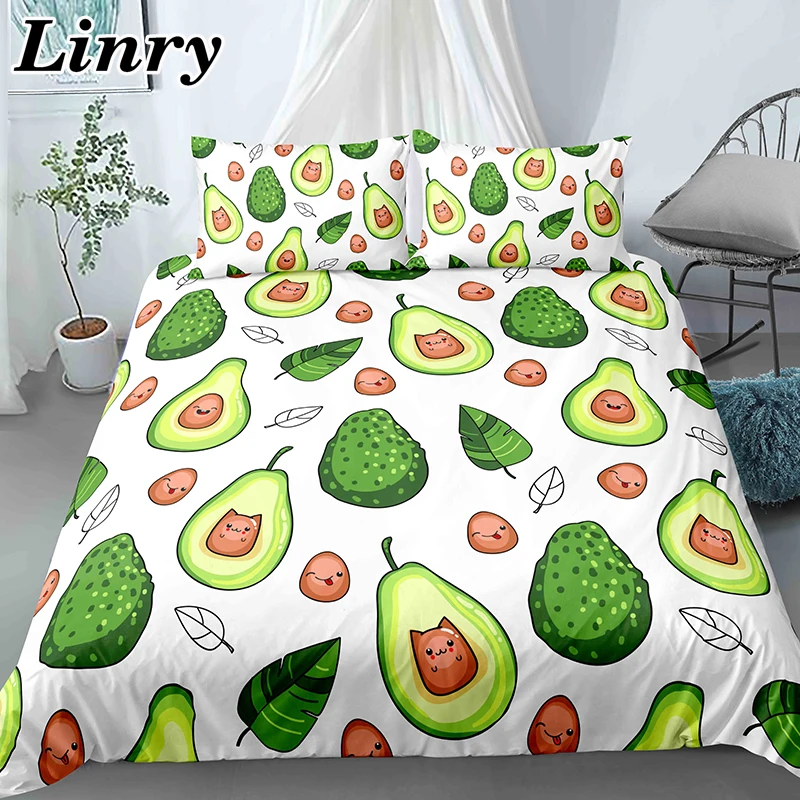 Cartoon Green Avocado Duvet Cover Set 2/3PCS Twin/Queen/King Size Bedclothes Cute  Comforter Fruits Bedding Sets For Kids