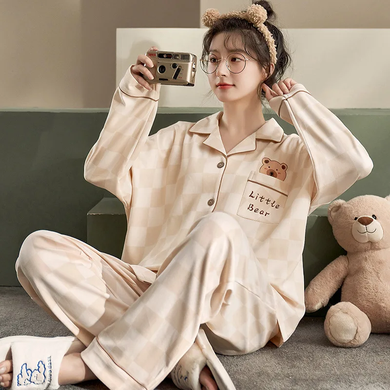 Spring Autuum Fashion Women's Casual Print Pocket Sleepwear Homewear Cute Lovely Pajamas Set With Pants Bear Soft Cotton