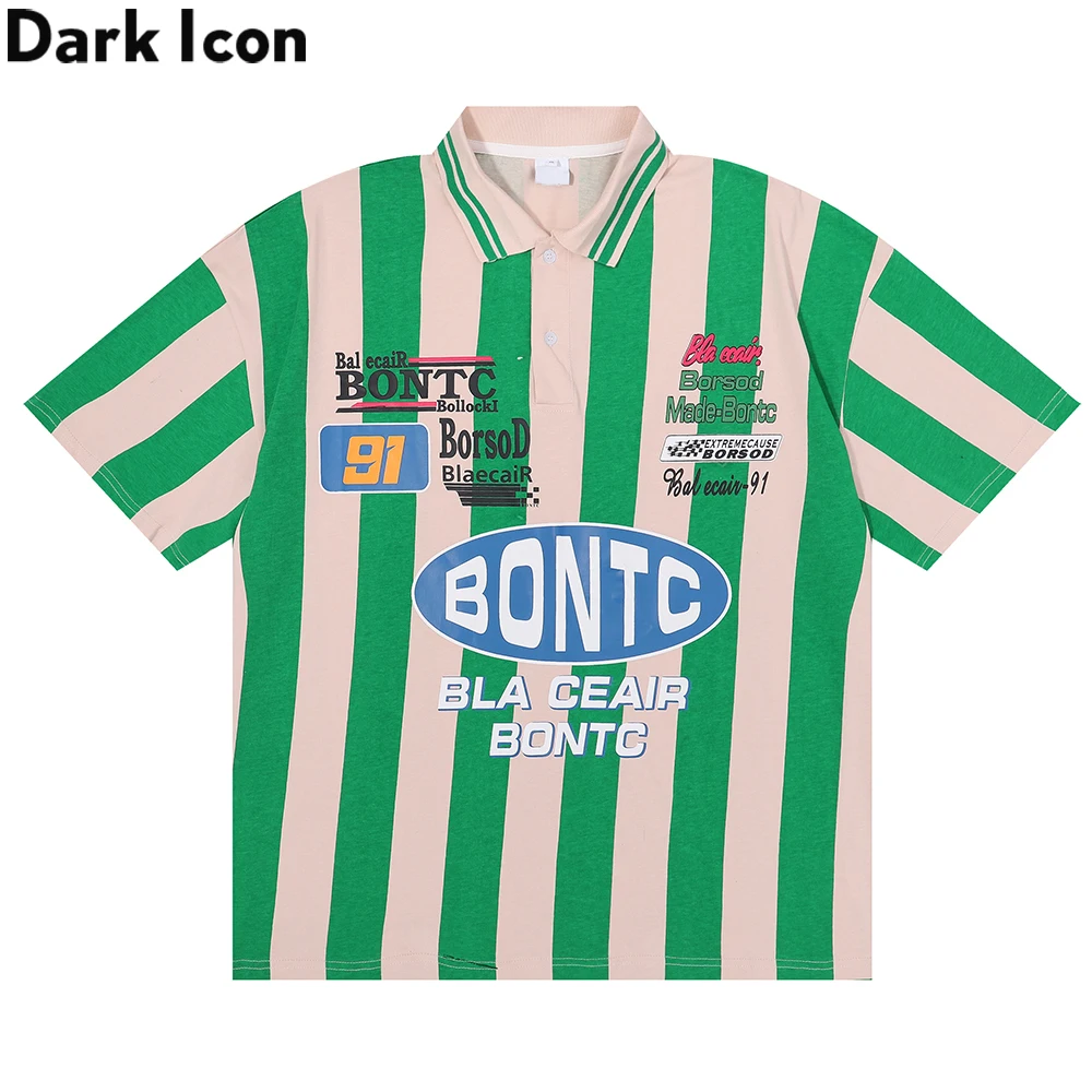 

Dark Icon Striped Letters Printed Men's T-shirt Summer Front 2 Buttons Tshirts Man Black Green