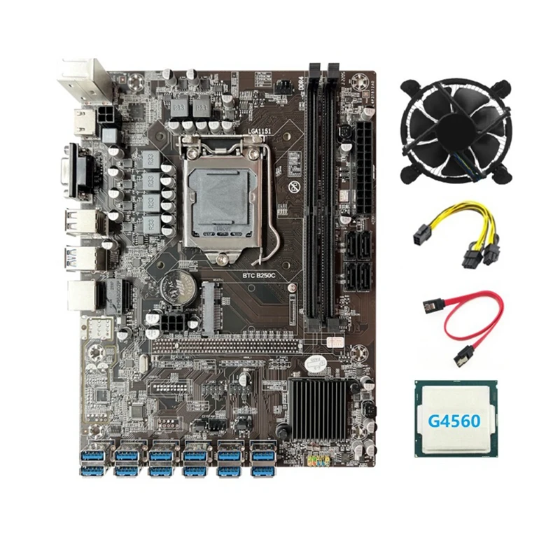 B250C BTC Mining Motherboard 12GPU PCIE To USB3.0 Slot LGA1151+G4560 CPU+SATA Cable+Cooling Fan+6Pin To Dual 8Pin Cable