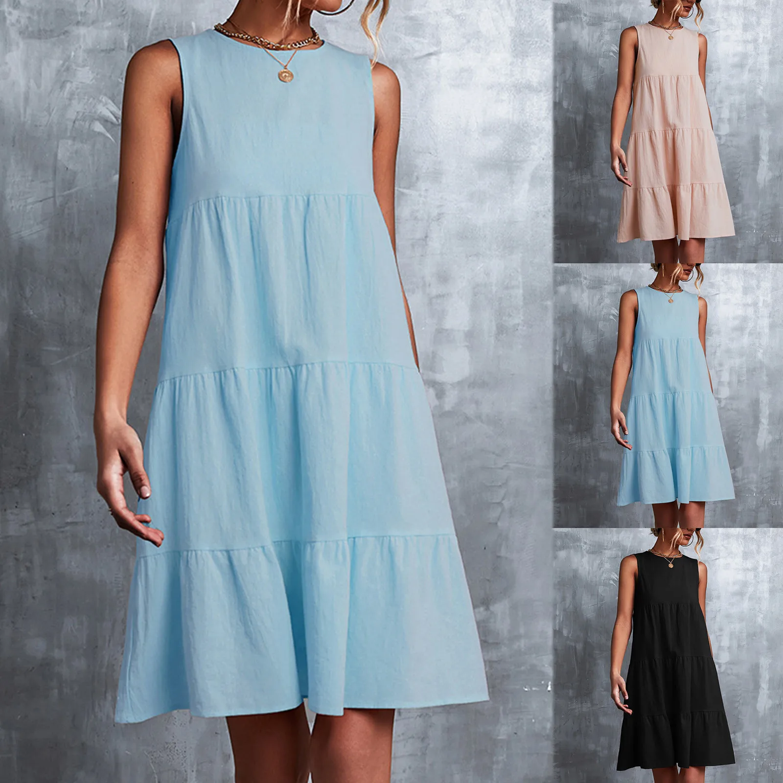 

Women's Dress Mini Dress Holiday Summer Solid Color Round Neck Sleeveless Party Beach Loose Long Dress Ruffle Pleated Vestidos