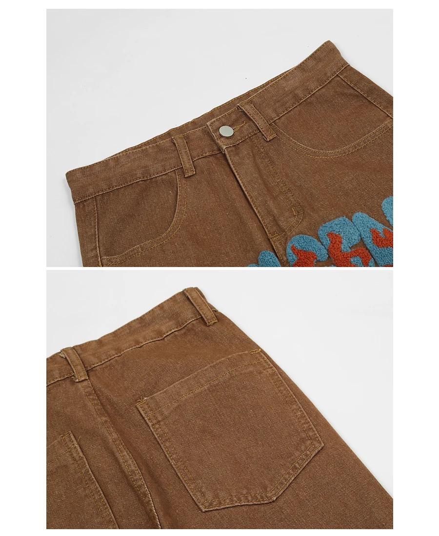 Four Seasons Men Jeans Embroidered Letters Cow Trend Hip Hop Loose Casual Wide Leg Nine-point Pants Streetwear Men ins Hot Sale