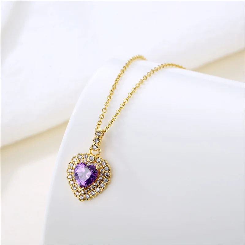 

Gold Color Splicing Chain Necklace Trendy Vintage Creative Purple LOVE Heart Zircon Party Jewelry Birthday Gift