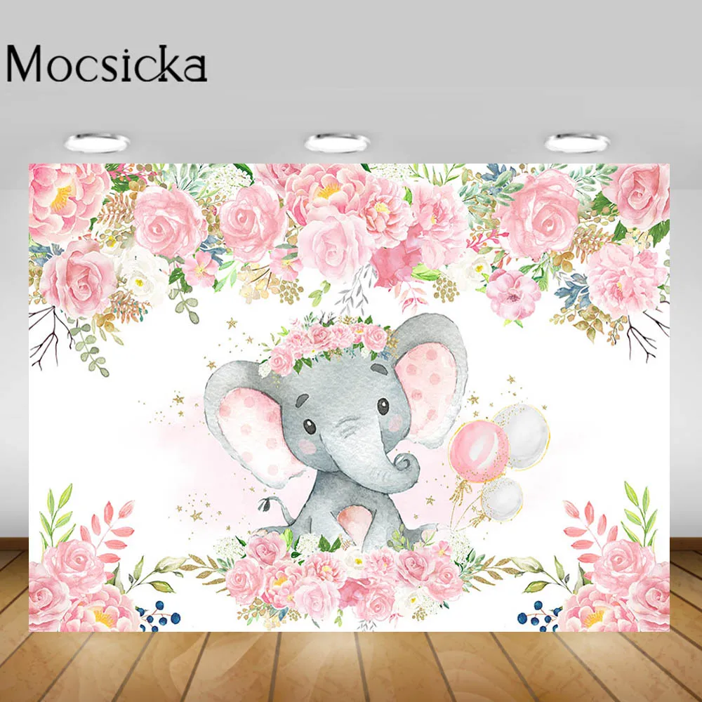 

Mocsicka Little Elephant Baby Shower Backdrop Pink Flower Newborn Girl Baptism Customize Photo Background Birthday Banner Decor