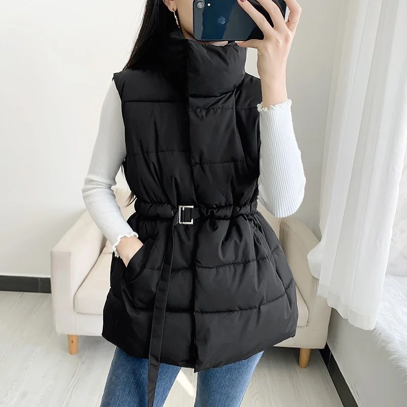 

Winter Jacket women 2023 Casual Stand Collar Loose Belt Sleeveless Vest Black Single Breasted Long Parka Overcoat Outerwear
