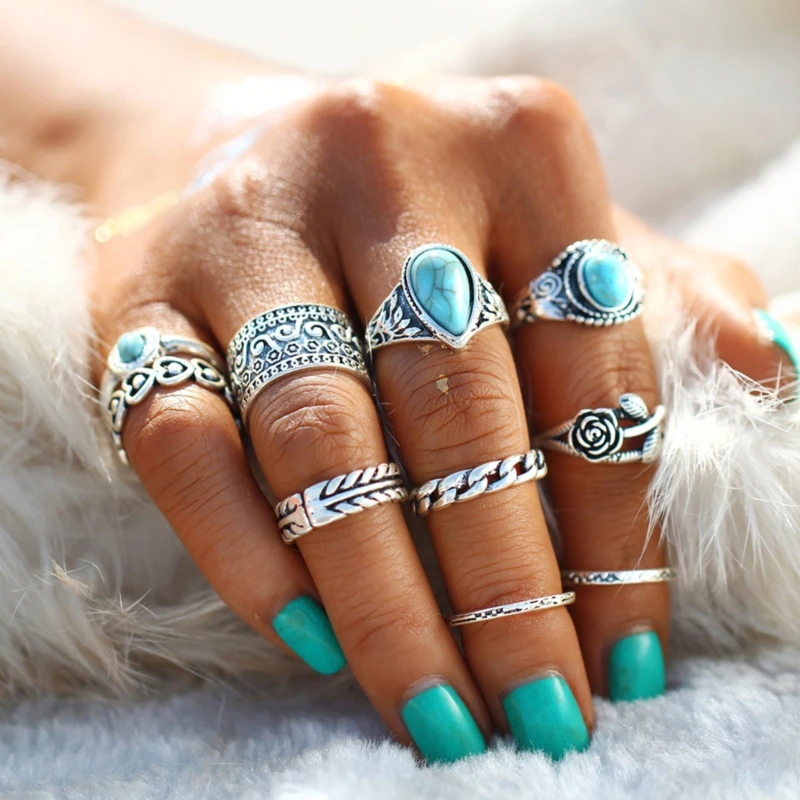 

Women Vintage Totem Rings Flower Turquoise 10 Pieces Combination Rings Set