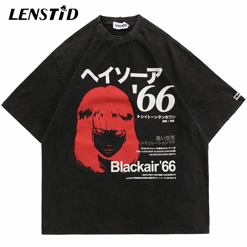 

LENSTID Summer Men Washed Short Sleeve Tshirts Hip Hop Japan Kanji Cartoon Print Streetwear Harajuku Oversize Cotton Tee Shirts