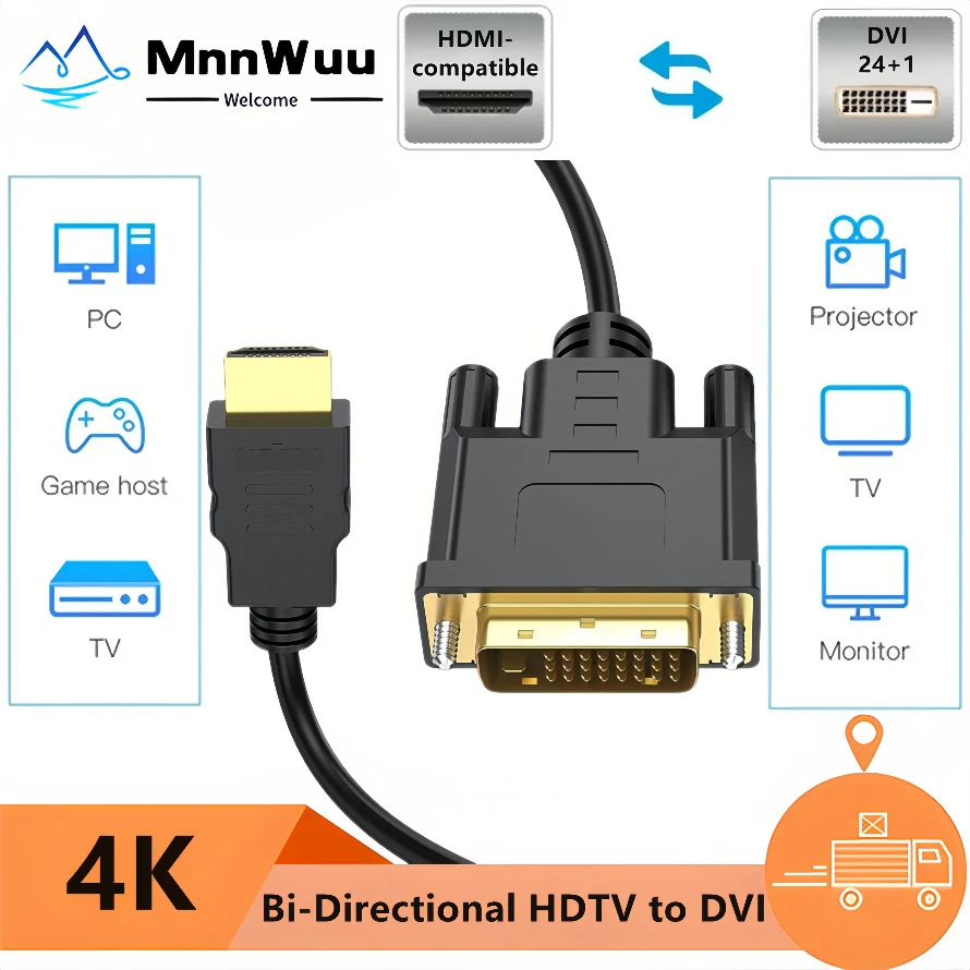 Фото 4K HDMI-совместимый кабель DVI 1,5 м двунаправленный 24 + 1 адаптер DVI-D в HDMI-совместимый конвертер для ПК Xbox HDTV DVD ноутбука №1