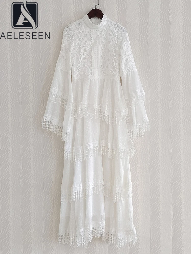 

AELESEEN Runway Fashion Women Dress 2022 Autumn Winter Black White Turtleneck Flare Sleeve Flower Embroidery Cascading Ruffles