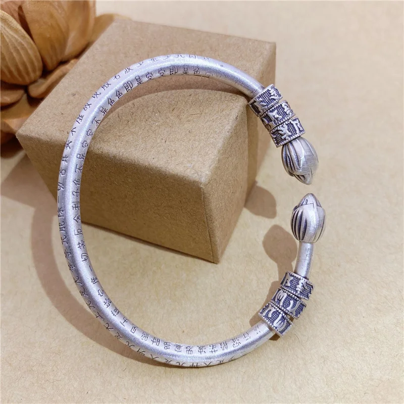 

Оригинальный Открытый браслет S999 из стерлингового серебра в ретро-стиле с сердцем и мантрой из шести символов, мужская и женская одежда в ст...