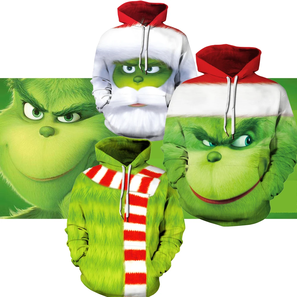 

Толстовки для косплея Grinch, повседневные свободные свитера, костюм зеленого Монстра, свитер на молнии, Мужская/Женская мода