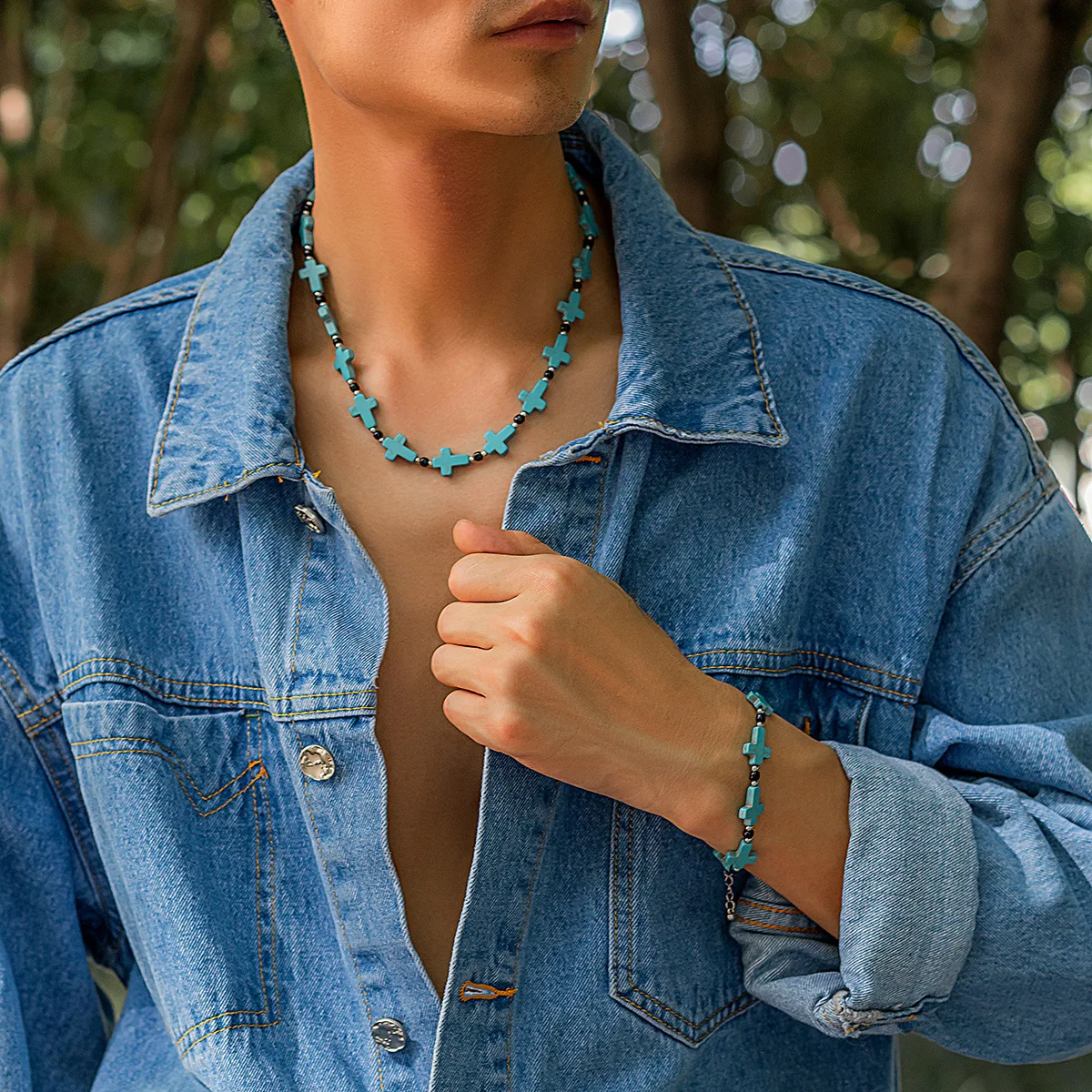 

Vintage Turquoise Bead Necklace Bracelet Sets Hip Hop Cross Simple Collarbone Chain Men's Gift Parties Accessories