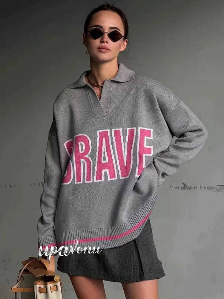 

Casual Letter Knitting Sweater For Women'S 2022 New Autumn Wear Lapel Long Sleeve Oversize Loose Pullover Knitted Sweater