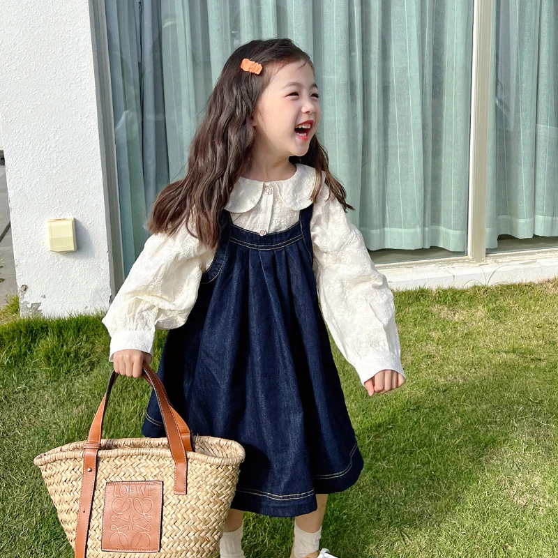 

Spring Girl Clothes Sets Fashion Long Sleeve Lace Shirt Tops Autumn Denim Suspender Dress Vestidos 2Pcs Clothing Wholesa 3-7y