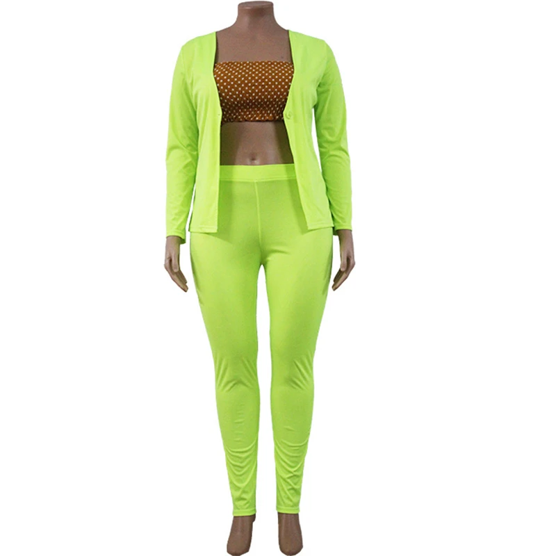 Plus Size Fluorescent Green Blazer Two Piece Set Women New Solid Colors V-Neck Casual Office Blazer Pants Suit with Elastic Band