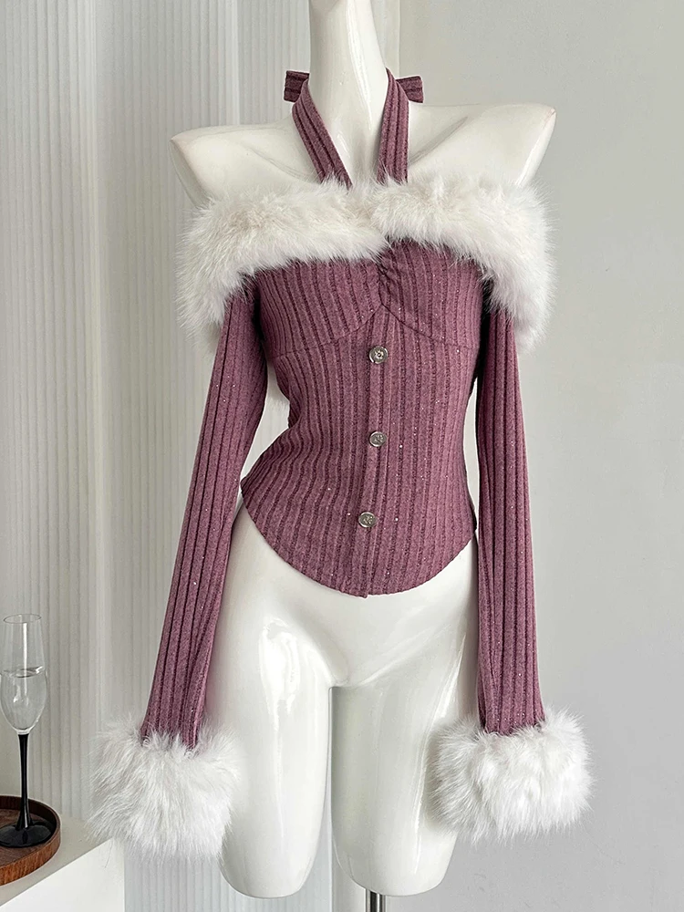 Зимний женский милый пушистый свитер с длинными рукавами трикотаж для девочек