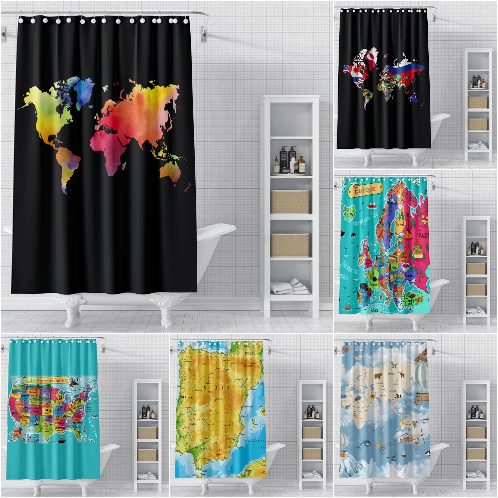 

Cortinas de ducha con patrón de mapa del mundo para baño, estampado 3D, a prueba de moho, tela impermeable, decoración del hogar