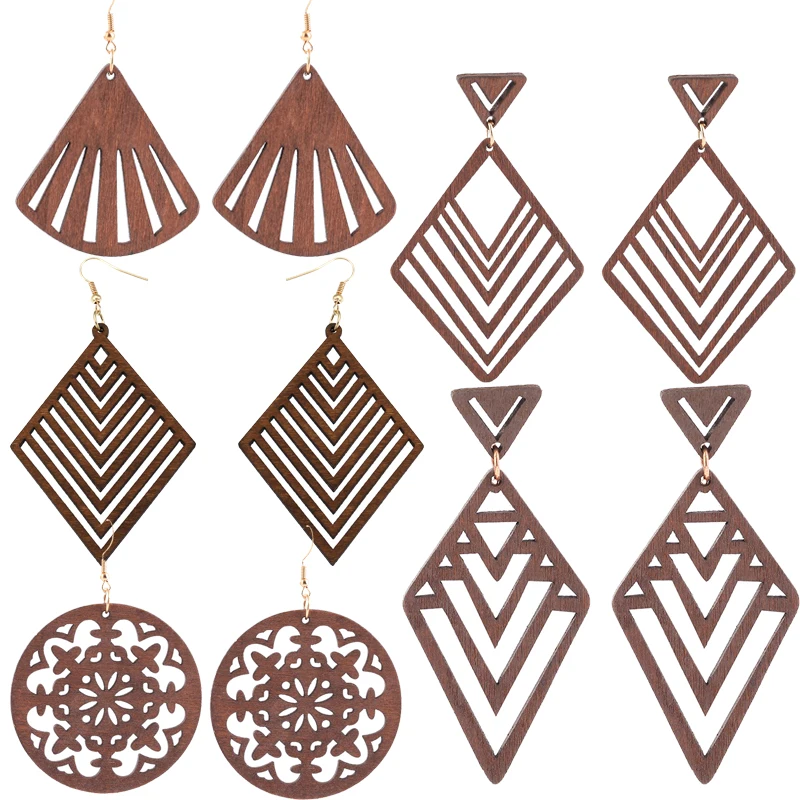 

Wooden Pendant Geometric Hollow Statement Earrings for Women Drop Earrings Brincos Fashion Jewelry Party Gift