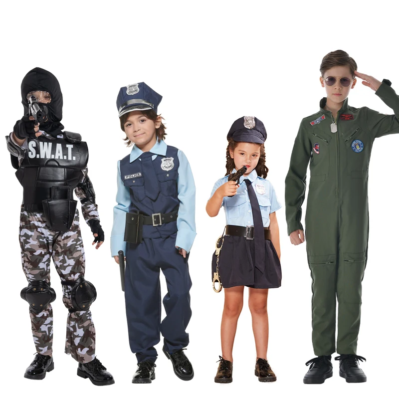 

Halloween Costume Kids Girls SWAT Police Costume Fancy Dress Boys Policeman Suit Top Gun Child Pilot Flight Outfit Cosplay